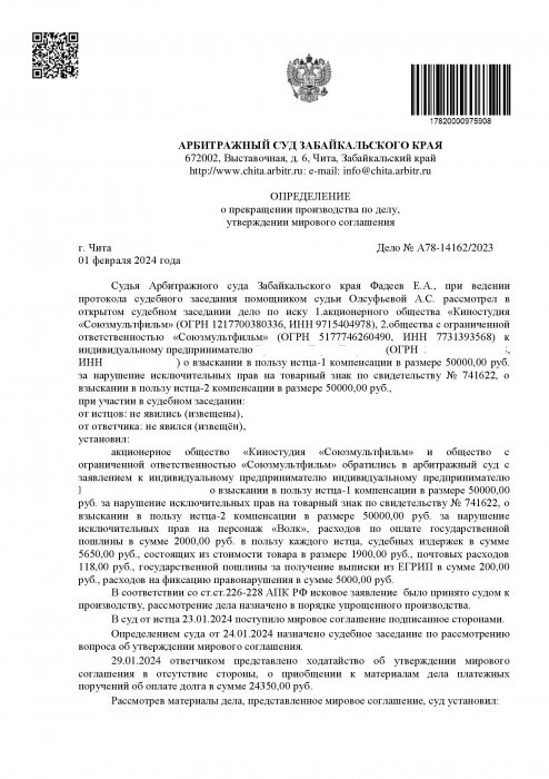 Нарушение исключительных прав на персонаж «Волк»